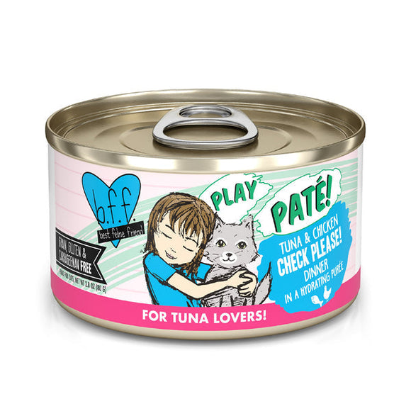 Weruva B.F.F. PLAY PATÉ! Check Please! Tuna & Chicken Dinner in a Hydrating Purée Cat Food (2.8 Oz - 12pk)